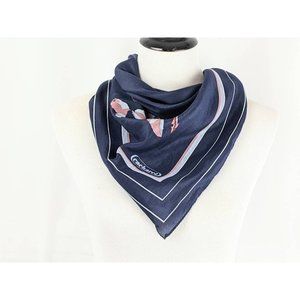 Cacharel 1990s Dark Navy Blue Square Lightweight Scarf with Peach Taupe Floral